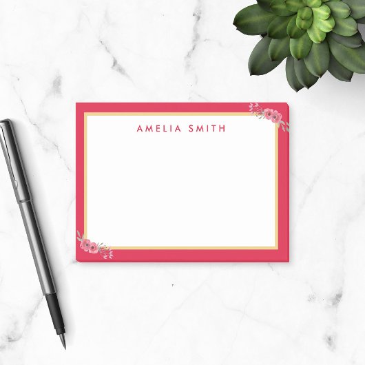 Chic Personalisiert Name Pink Border Pink Blume Post-it Klebezettel