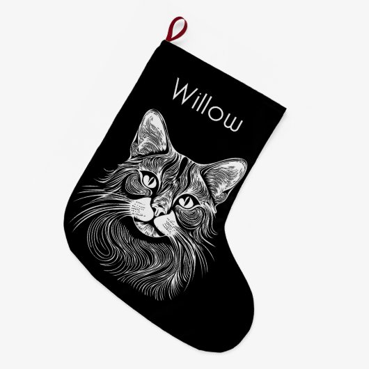 Chic personalized Hand drawn black&white cat bed Großer Weihnachtsstrumpf (Vorderansicht (hängend))