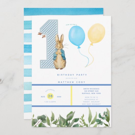Chic Peter Rabbit Boy's 1. Geburtstag Party Einladung (Vorne/Hinten)