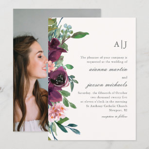 Chic Pflaume Aquarellblume auf Blush Foto Hochzeit Einladung
