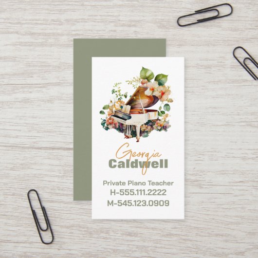 Chic Piano Teacher Watercolor Art Visitenkarte (Vorderseite/Rückseite Beispiel)