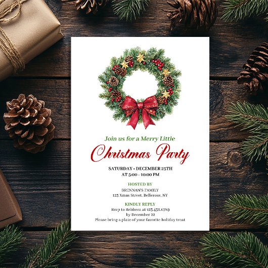 Chic Pine Wreath Festive Christmas Party Invite Einladung