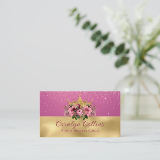 Chic Pink and Gold Floral Crown Business Card Visitenkarte (Stehend Vorderseite)