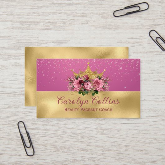 Chic Pink and Gold Floral Crown Business Card Visitenkarte (Vorderseite/Rückseite Beispiel)
