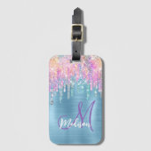 Chic pink aqua unicorp dripping Glitzer monogram Gepäckanhänger (Vorderseite Vertikal)
