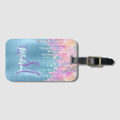 Chic pink aqua unicorp dripping Glitzer monogram Gepäckanhänger (Vorderseite (Horizontal))