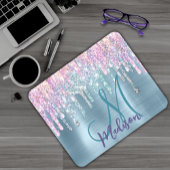 Chic pink aqua unicorp dripping Glitzer monogram Mousepad