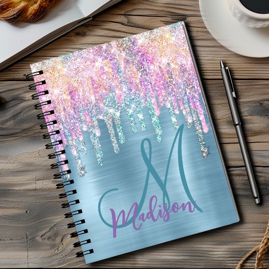 Chic pink aqua unicorp dripping Glitzer monogram Notizblock