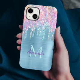 Chic pink aqua unicorp dripping Glitzer monogramm  Case-Mate iPhone Hülle
