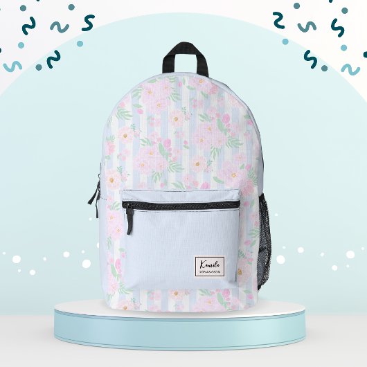 Chic Pink Aquarell Blumen & Streifen Mit Monogramm Bedruckter Rucksack