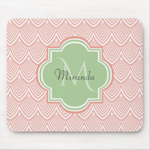 Chic Pink Arched Scallops Soft Green Monogram Name Mousepad