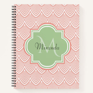 Chic Pink Arched Scallops Soft Green Monogram Name Notizbuch