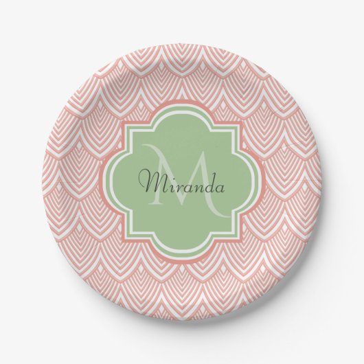Chic Pink Arched Scallops Soft Green Monogram Name Pappteller (Vorderseite)
