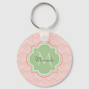 Chic Pink Arched Scallops Soft Green Monogram Name Schlüsselanhänger
