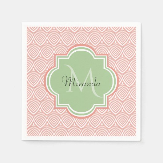 Chic Pink Arched Scallops Soft Green Monogram Name Serviette (Vorderseite)