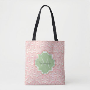 Chic Pink Arched Scallops Soft Green Monogram Name Tasche