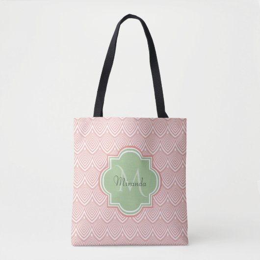 Chic Pink Arched Scallops Soft Green Monogram Name Tasche (Vorderseite)