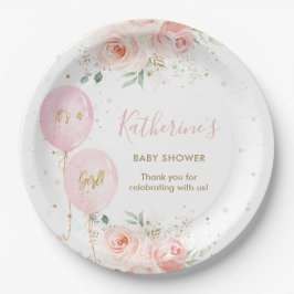 Chic Pink Balloons Floral Girl Baby Dusche Pappteller