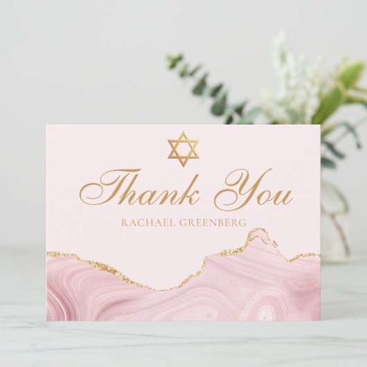 Chic Pink Bat Mitzvah Custom Gold Script Dankeskarte (Stehend Vorderseite)