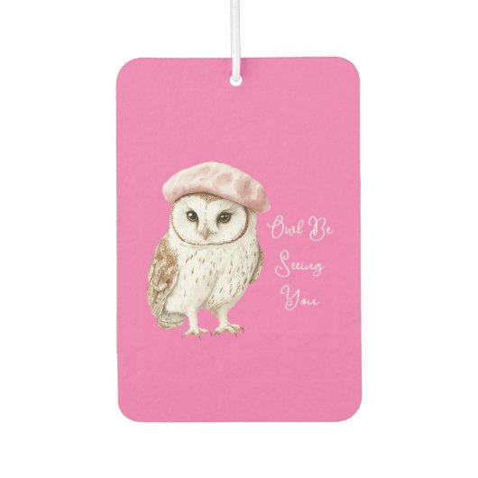 Chic Pink Beret Brown White Owl Be Seeing You Autolufterfrischer (Vorderseite)