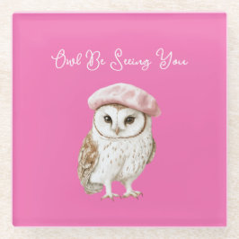 Chic Pink Beret Brown White Owl Be Seeing You Glasuntersetzer