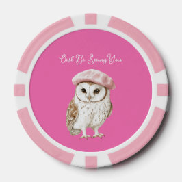Chic Pink Beret Brown White Owl Be Seeing You Pokerchips