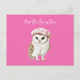 Chic Pink Beret Brown White Owl Be Seeing You Postkarte