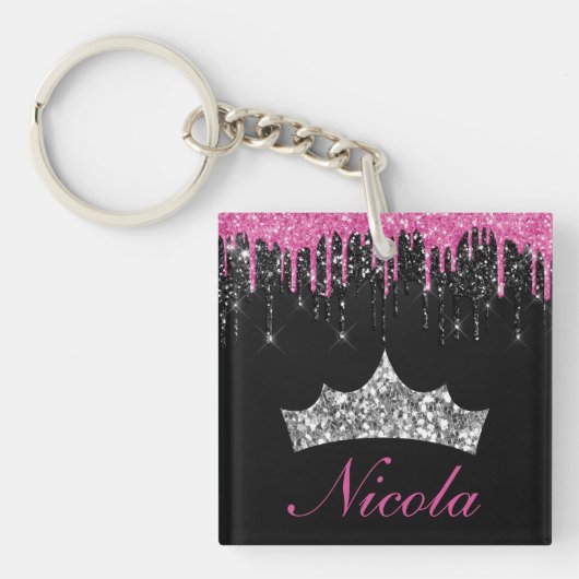 Chic Pink Black Driving Glitzer Tiara Name Schlüsselanhänger (Vorderseite)