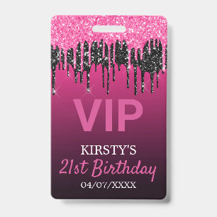 Chic Pink Black Glitter-Tropf Geburtstagsfeier Ausweis