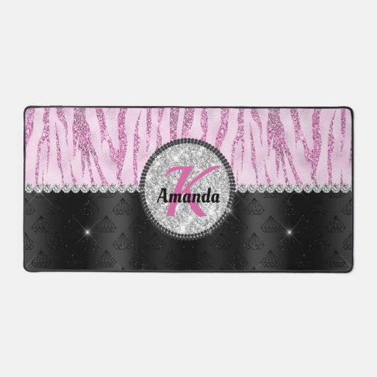Chic pink Black Imitats Glitzer Tierprägung Monogr Schreibtischunterlage (Vorderseite)