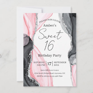 Chic Pink & Black Marble Sweet 16 Einladung