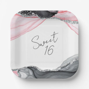 Chic Pink & Black Marble Sweet 16 Paper Teller