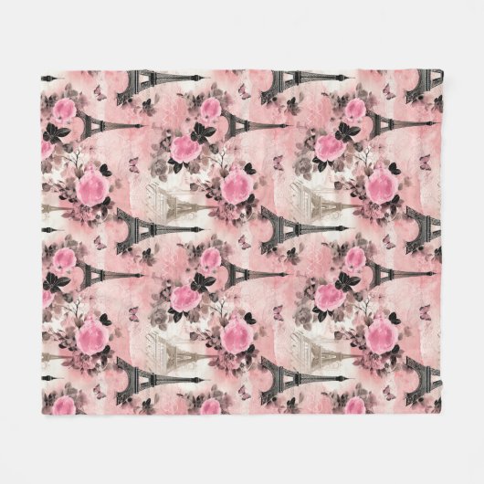 Chic Pink Black & White Eiffel Tower Paris Französ Fleecedecke (Vorderseite (Horizontal))