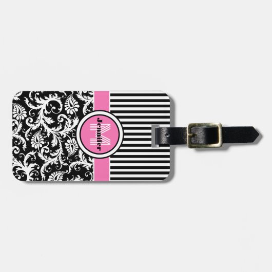 Chic Pink, Black, White Stripes, Mit Monogramm Gepäckanhänger (Vorderseite horizontal)