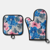 Chic Pink Blue Floral Brautparty Ofenhandschuh & Topflappen-Set (Vorderseite)