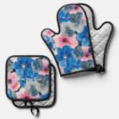 Chic Pink Blue Floral Brautparty Ofenhandschuh & Topflappen-Set (Vorderseite/Rückseite)