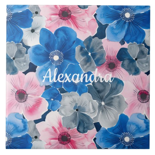 Chic Pink Blue Floral Fliese (Vorderseite)