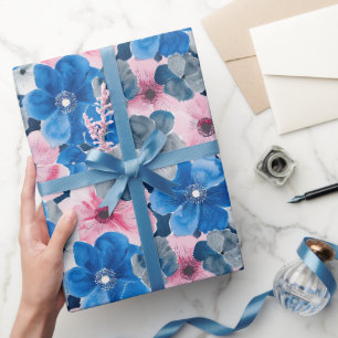 Chic Pink Blue Floral Geburtstag Geschenkpapier