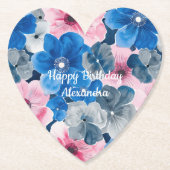 Chic Pink Blue Floral Geburtstag Untersetzer (Vorderseite)