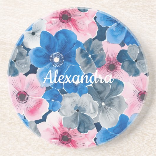 Chic Pink Blue Floral Getränkeuntersetzer (Vorne)
