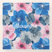 Chic Pink Blue Floral Glasuntersetzer (Vorderseite)