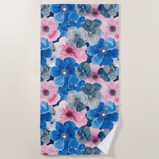 Chic Pink Blue Floral Strandtuch (Vorderseite)