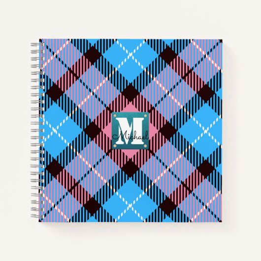 Chic Pink Blue Kariert Tartan Leder Monogramm Name Notizblock (Vorderseite)