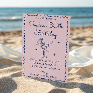 Chic Pink & Blue Martini-Glas 30. Geburtstag Einladung