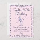 Chic Pink & Blue Martini Glass 30th Birthday Einladung (Vorderseite)