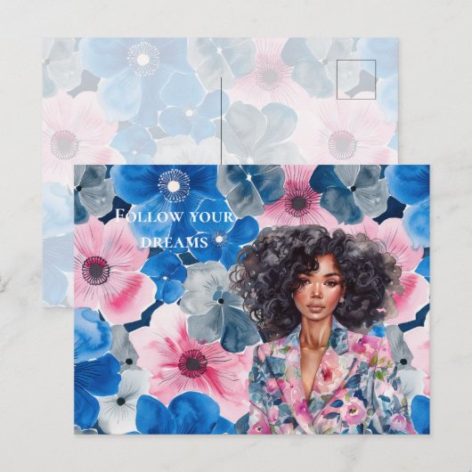 Chic Pink Blue Summer Floral Black Girl Postkarte (Vorne/Hinten)