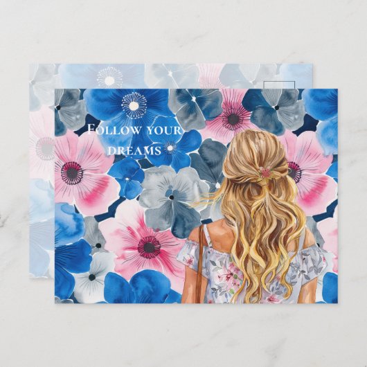 Chic Pink Blue Summer Floral Blond Mädchen Postkarte (Vorne/Hinten)