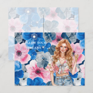 Chic Pink Blue Summer Floral Red Hair Girl Postkarte
