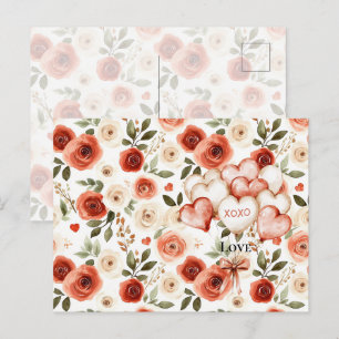 Chic Pink Blue Summer Floral Red Hair Girl Postkarte