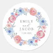 Chic Pink & Blue Watercolor Floral wedding Runder Aufkleber (Vorderseite)